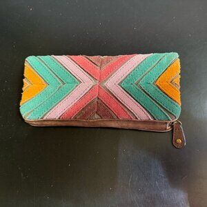 Fossil Chevron Leather Wallet Patchwork Clutch Suede Distressed